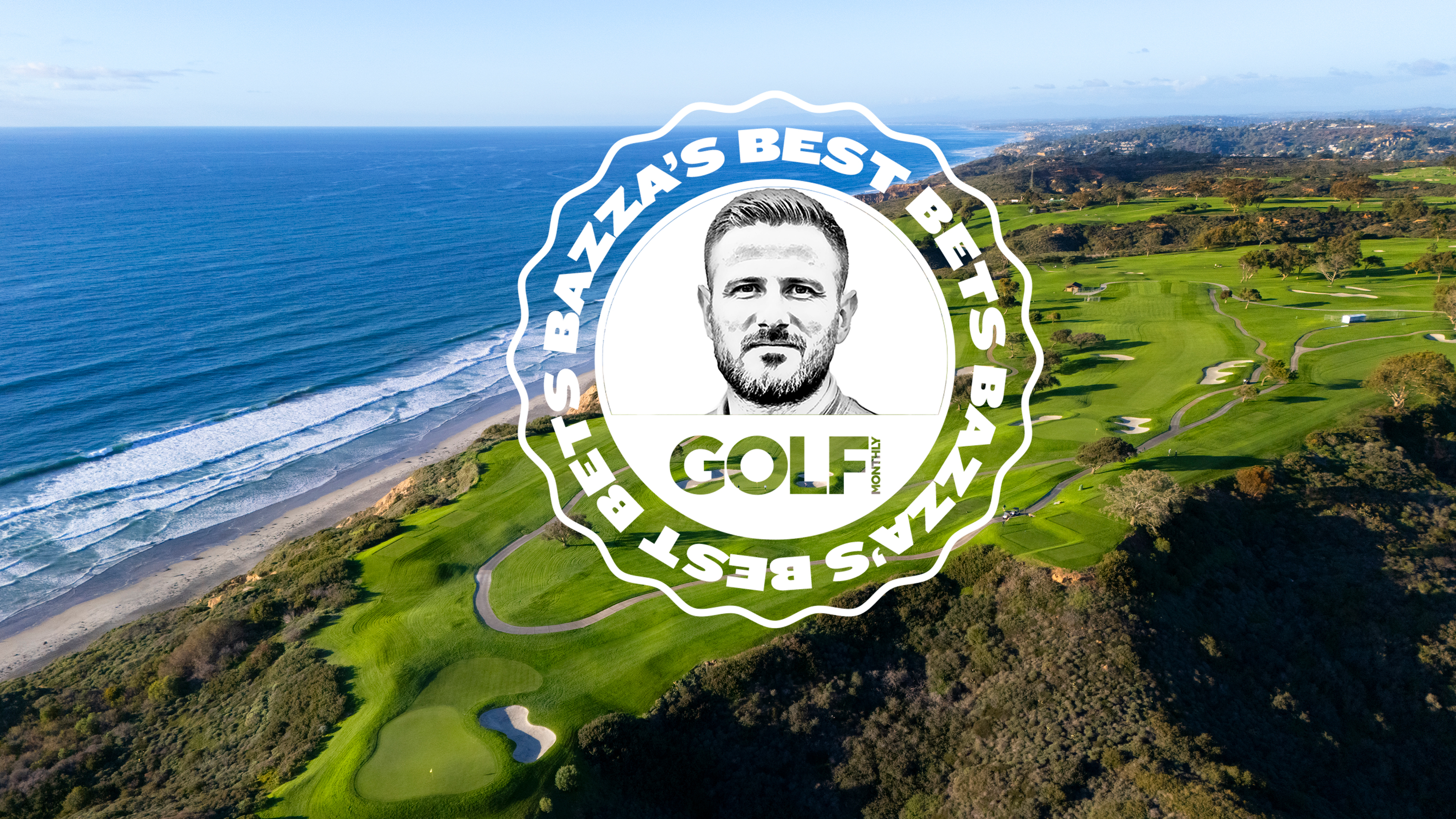 An aerial view of Torrey Pines, host course of the Farmers Insurance Open 2026, with an inset image of the Bazza's Best Bets badge
