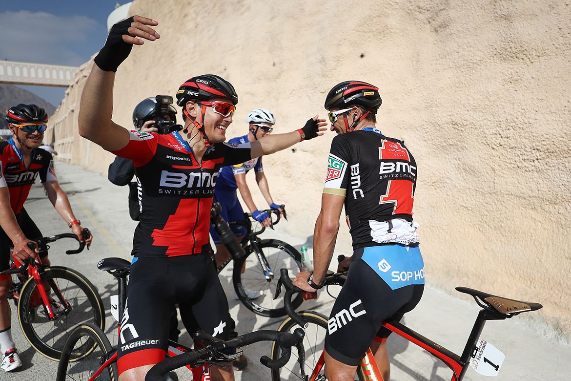 Greg Van Avermaet (BMC) accepts the congratulations of his teammates.