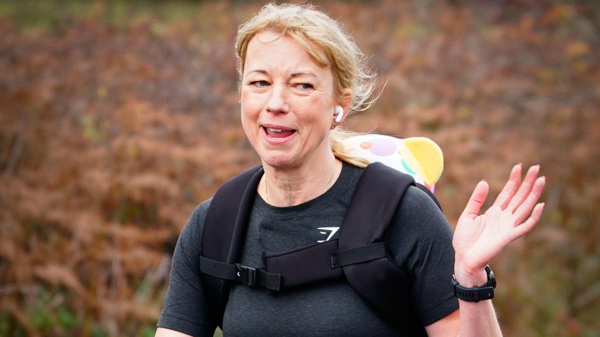 Sara Cox runs through Hamsterley, County Durham, during Day 3 of her Great Northern Marathon Challenge in aid of Children in Need