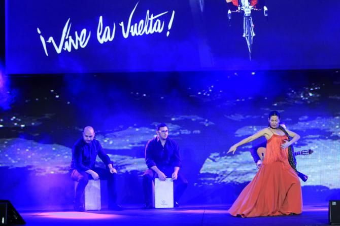 A flamenco dancer and musicians perform during the 2014 Vuelta presentation