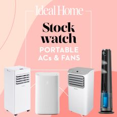 White air conditioners on a pink background and a black tower fan 