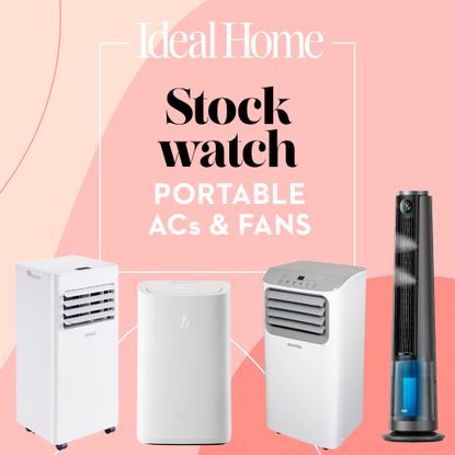 White air conditioners on a pink background and a black tower fan