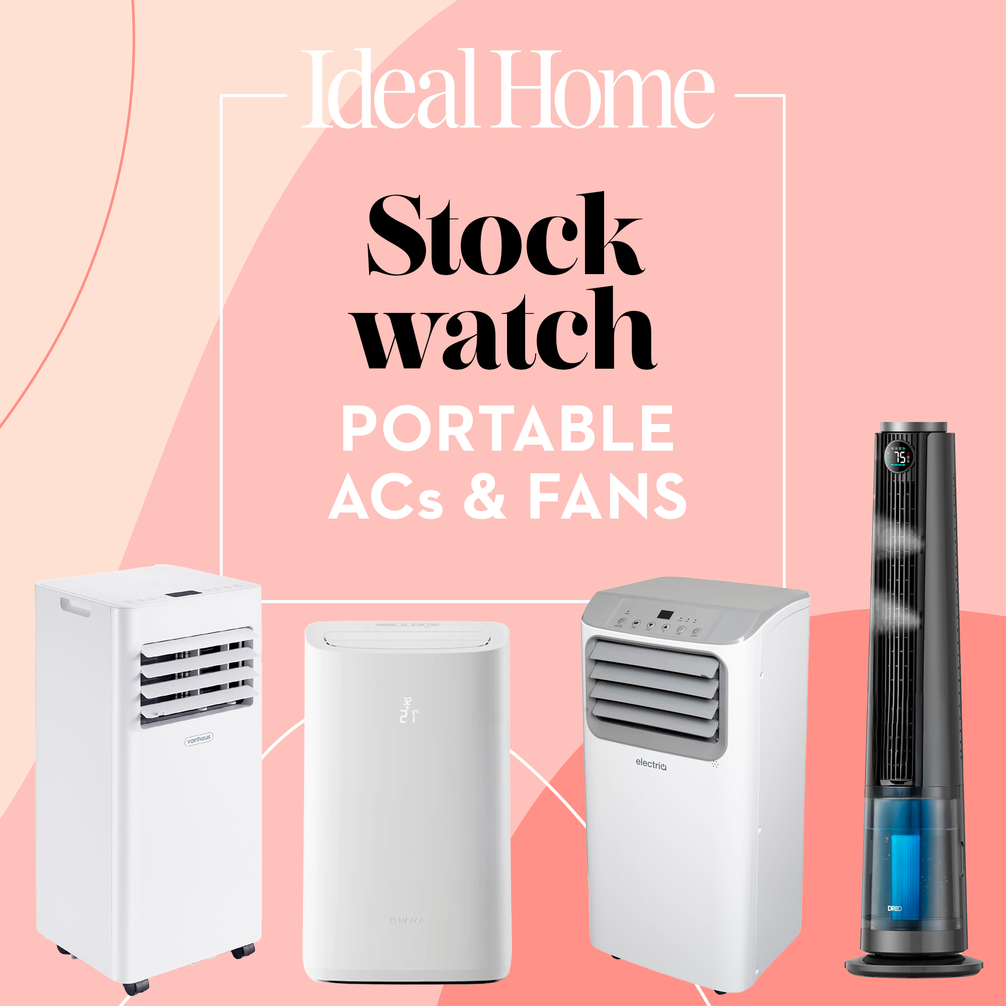 White air conditioners on a pink background and a black tower fan 