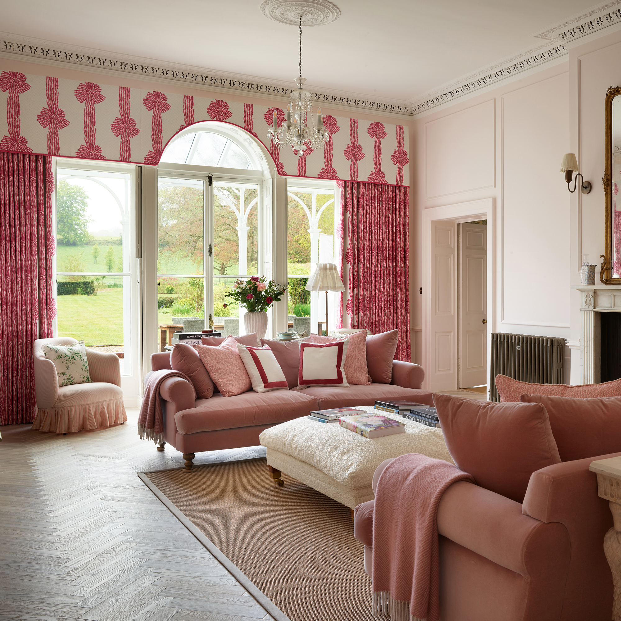 pink living room in a Georgian house with double french doors, pink curtains and pelmet