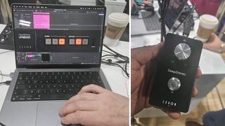 Leson DeepStereo software on a laptop, with a hand holding a hardware spatial audio converter