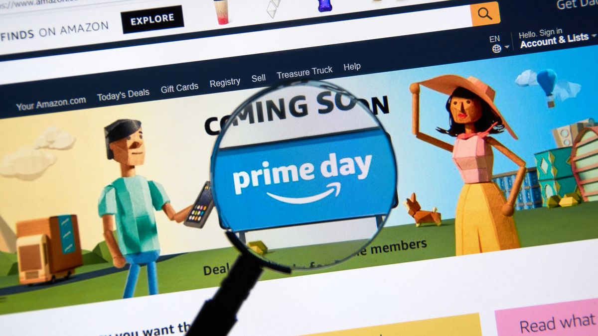 Amazon website with a magnifying glass over &amp;#039;Prime Day: Coming soon&amp;#039; message