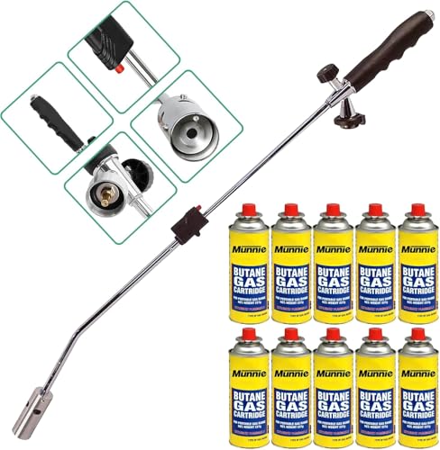 Munnie Gas-Powered Weed Burner With Auto Ignition | Weed Killer Weed Burner | Adjustable Flame | Eco-Friendly Compatibility With Butane Gas Canister (burner + 10 Canister)