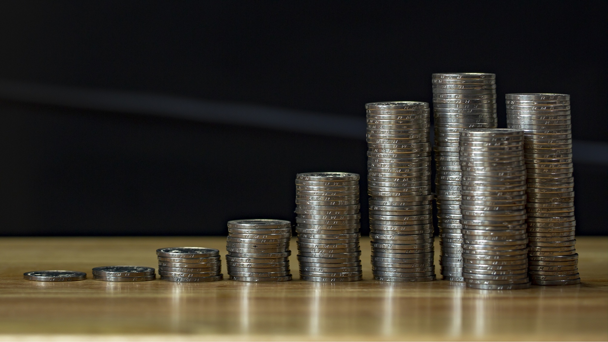 Stacks of coins get subsequently taller.