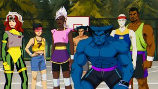 Rogue, Jubilee, Storm, Wolverine, Beast, Morph, and Bishop stand on a basketball court in X-Men 97