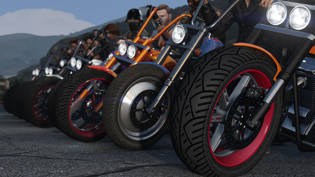 Motorcycles lined up in GTA Online.