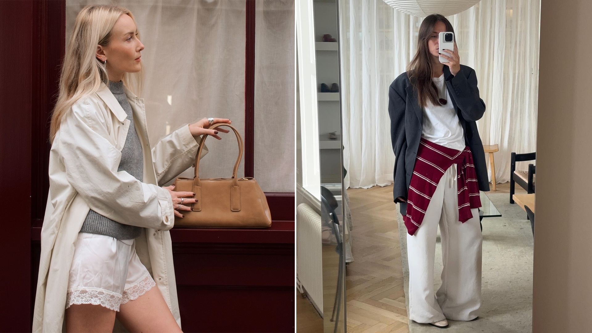 fashion collage of style influencers Chloe Kath Butler and Johanna Lager wearing chic spring 2026 outfits with standout basics like a gray crewneck sweater, a trench, an oversize blazer, and white T-shirt