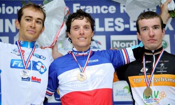Sylvain Chavanel on the podium with Jeremy Roy and Yoann Paillot after winning the French time trial title