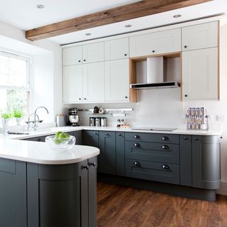 kitchen with white cabinets and grey drawers