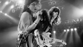 Stephen Pearcy, left, and Warren DeMartini of RATT performs on stage at the Rosemont Horizon in Rosemont, Illinois, September 20, 1985.