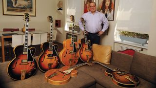 Gibson archtop collecor Bill Pearlstein pictured with fix rare L-5 electric archtops