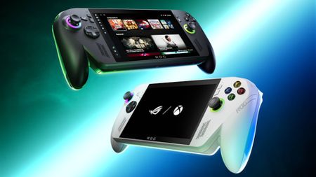 Asus ROG Xbox Ally and ROG Xbox Ally X with glowing blue light backdrop.