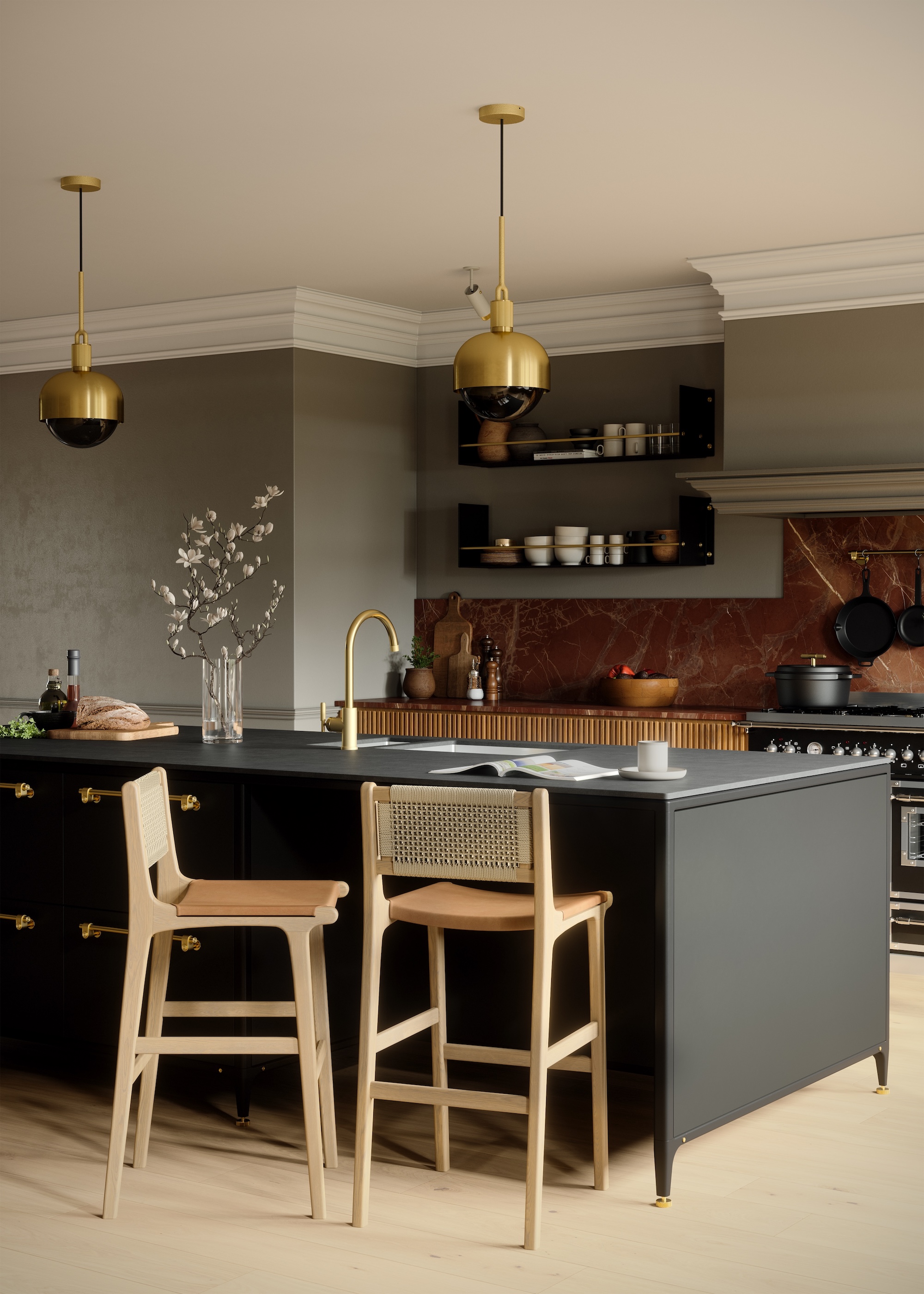 A deep khaki kitchen with open shelving as well as a large island with bar stools beside it. Above the island are two gold pendant lights.