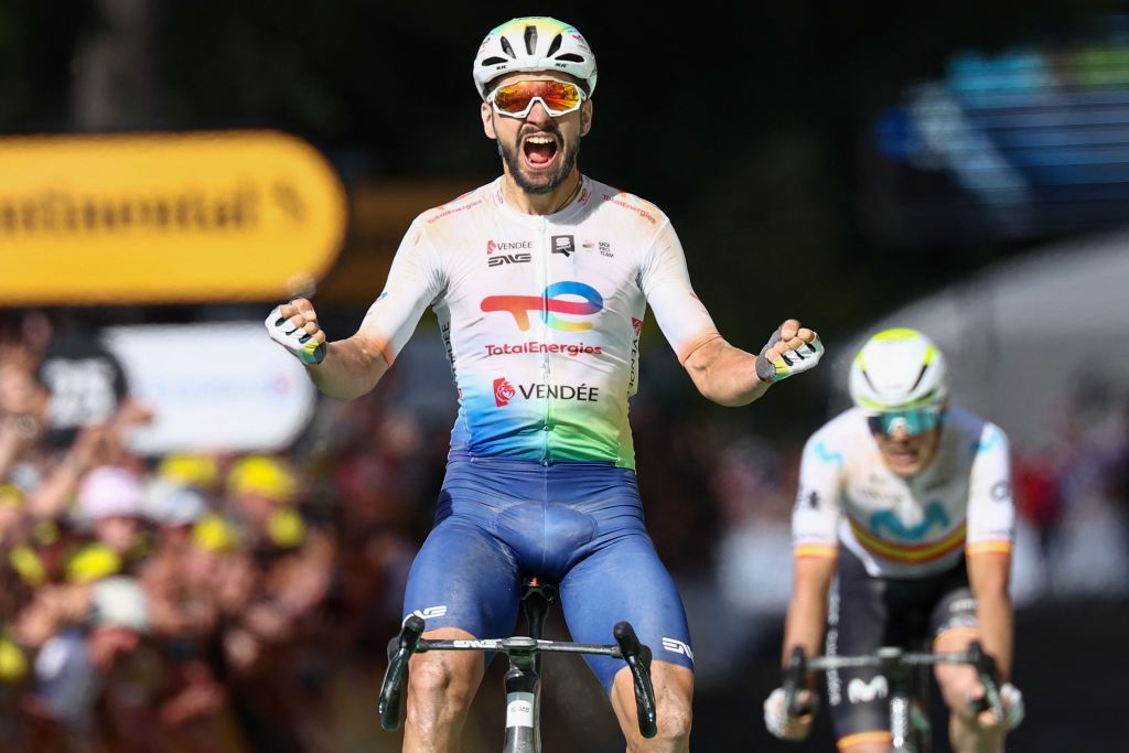 TotalEnergies team's French rider Anthony Turgis cycles to the finish line to win the 9th stage of the 111th edition of the Tour de France cycling race, 199km stage departing and finishing in Troyes, on July 7, 2024. (Photo by Anne-Christine POUJOULAT / AFP)