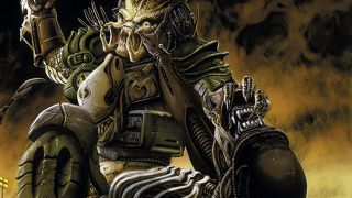 Image from the Aliens vs. Predator comic. An armored Predator creature (without helmet) is fighting a Xenomorph alien. Predator is straddling the Alien, one hand gripping Alien's jaw and the other getting ready to deliver a big punch.