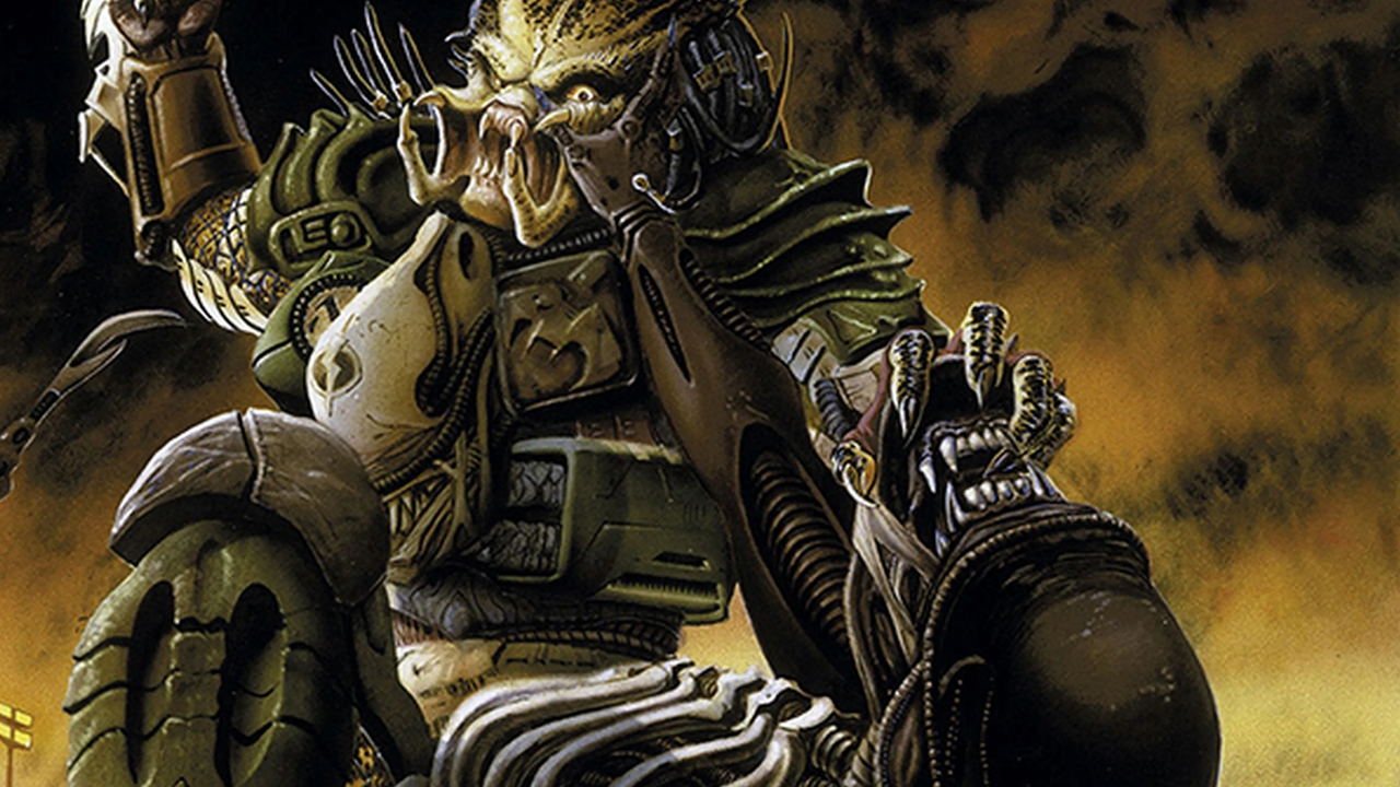 Bild aus dem Comic „Aliens vs. Predator“. Eine gepanzerte Predator-Kreatur (ohne Helm) kämpft gegen einen Xenomorph-Alien. Predator sitzt rittlings auf dem Alien, eine Hand umklammert Aliens Kiefer und die andere bereitet sich darauf vor, einen heftigen Schlag auszuführen.