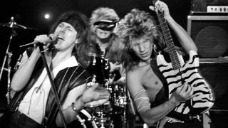 Don Dokken and George Lynch of the band Dokken performing onstage in the mid-80s