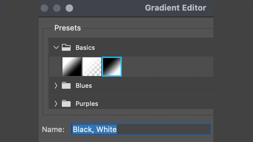 Adobe Photoshop editing interface, showing gradient editor and presets