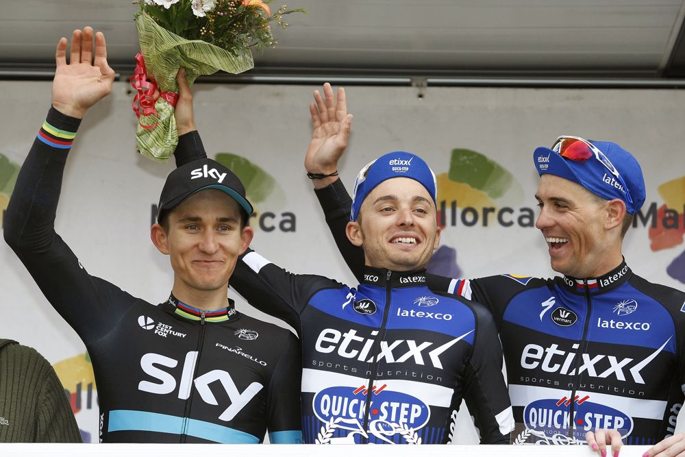 Gianluca Brambilla is joined on the podium by Michal Kwiatkowski and Zdenek Stybar at Challenge Mallorca