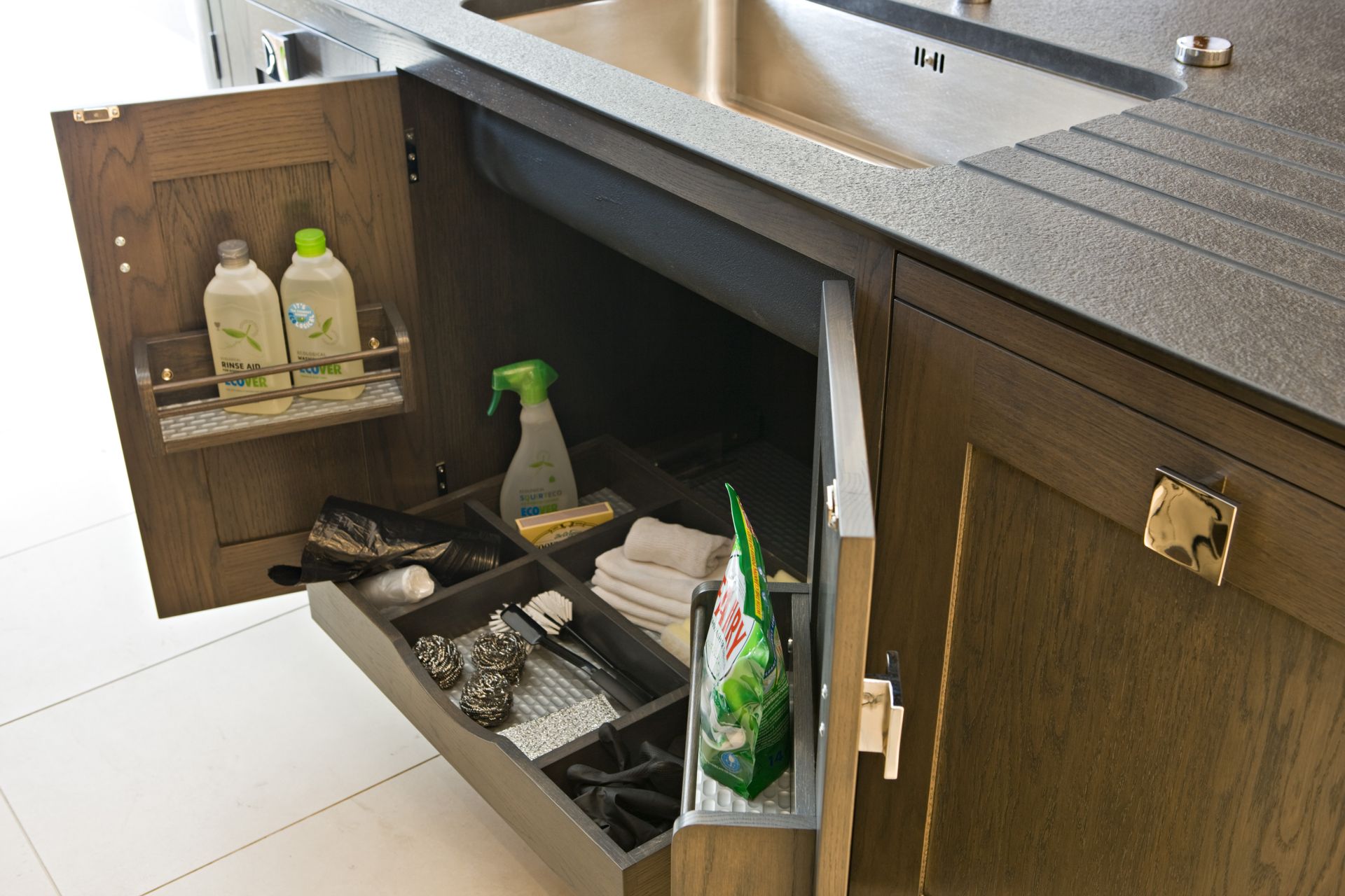 Under sink kitchen cabinet with racks and drawer