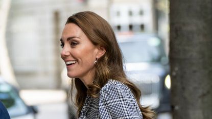 Kate Middleton's court shoes and gray dress during public appearance.