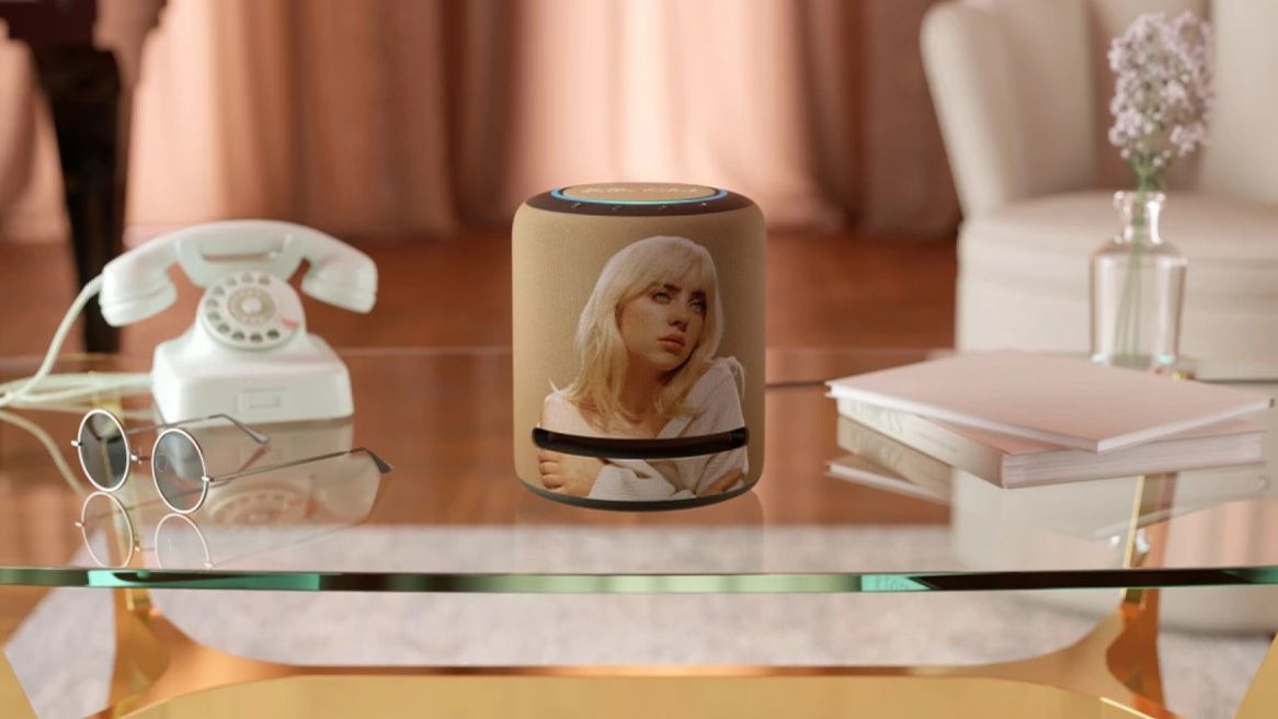 amazon echo studio with billie eilish&#039;s face on the grille