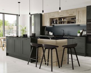 Sophisticated charcoal kitchen scheme with island, breakfast bar and bar stools