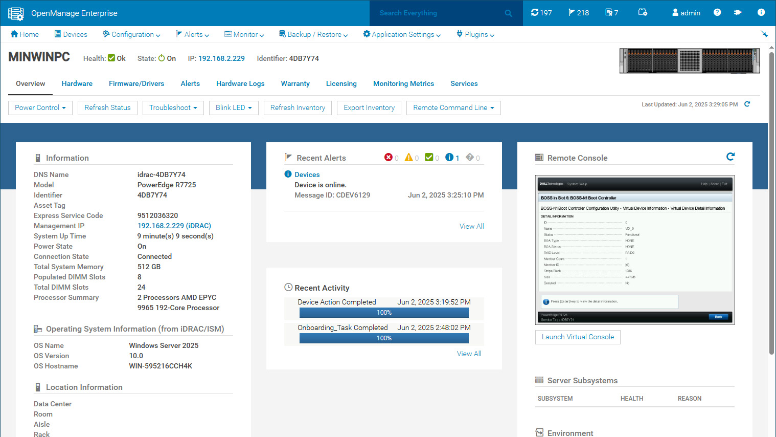 The management portal for the Dell PowerEdge R7725