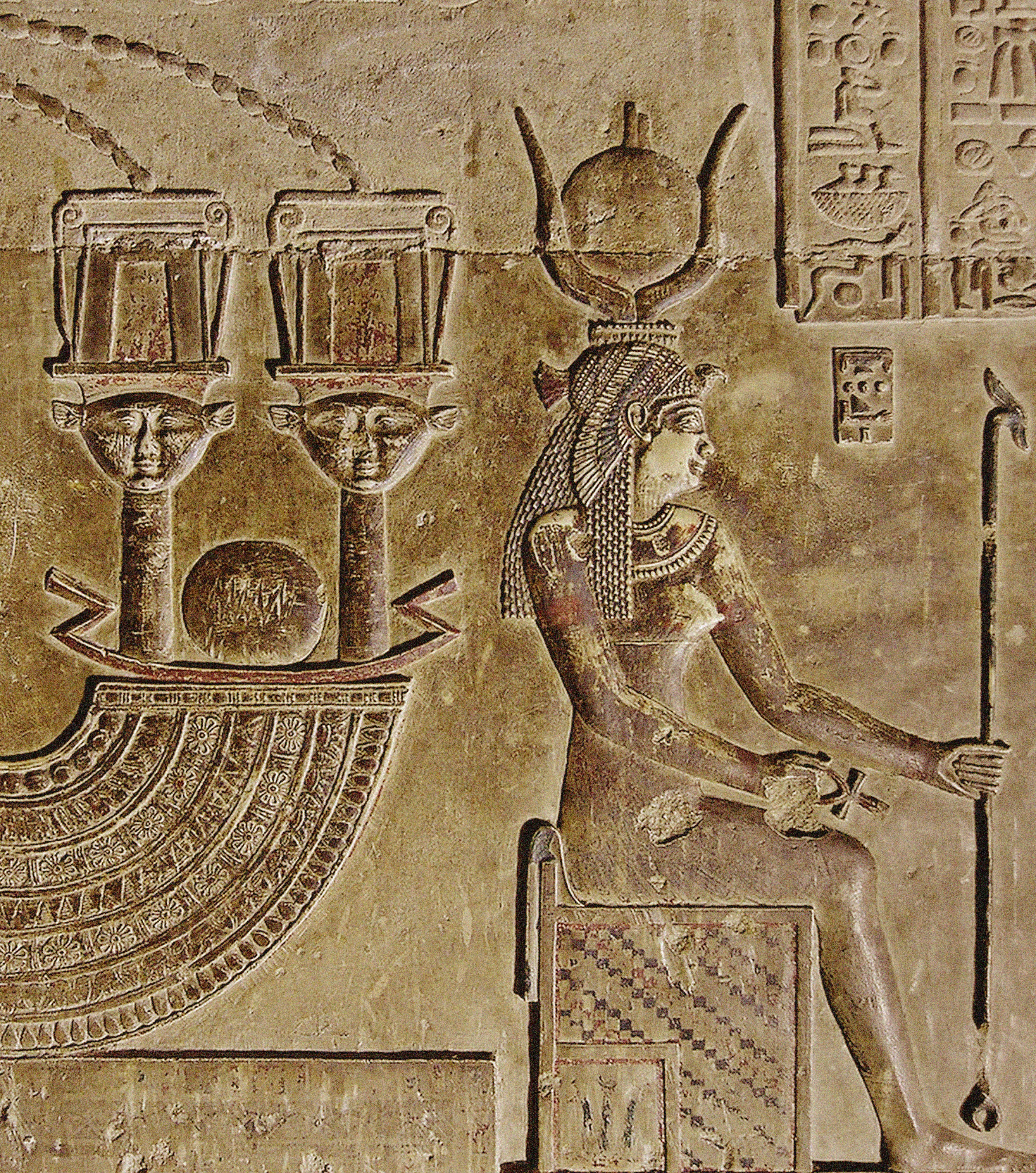 Relief of Cleopatra VII as Goddess Hathor. On the exterior wall of the Temple of Dendera, which depicts Cleopatra VII and her son Caesarion as pharaohs.