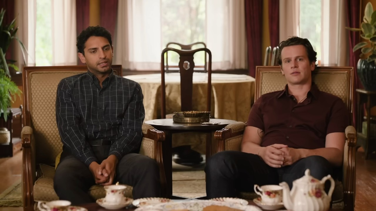 Jonathan Groff and Karan Soni looking ahead in A Nice Indian Boy.