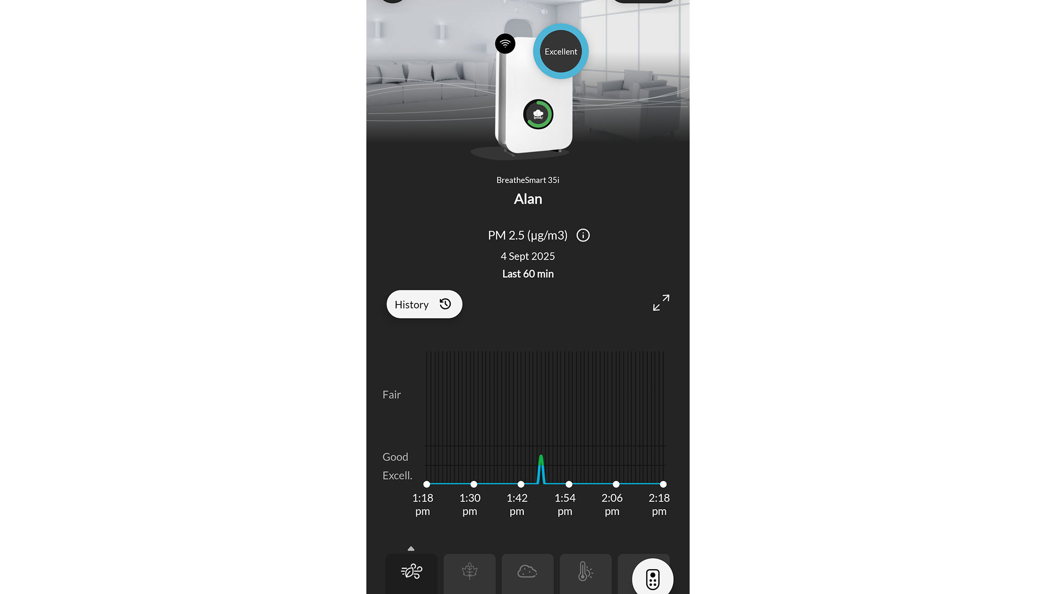 A screenshot of the real-time air quality measurements from the Alen app