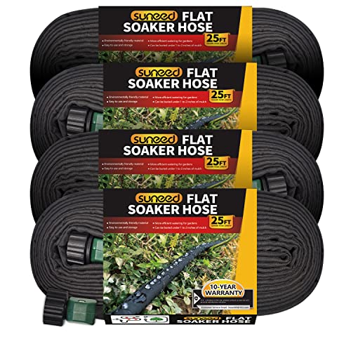 Suneed 4 Pack Flat Soaker Hose 25ft for Garden Beds, Lightweight Drip Soaker Hose 100 Ft for Foundation Watering of Plants &amp;ndash; Garden Sprinkler Soaker Hoses With Heavy Duty &amp;amp; Easy to Install (25ftx4)