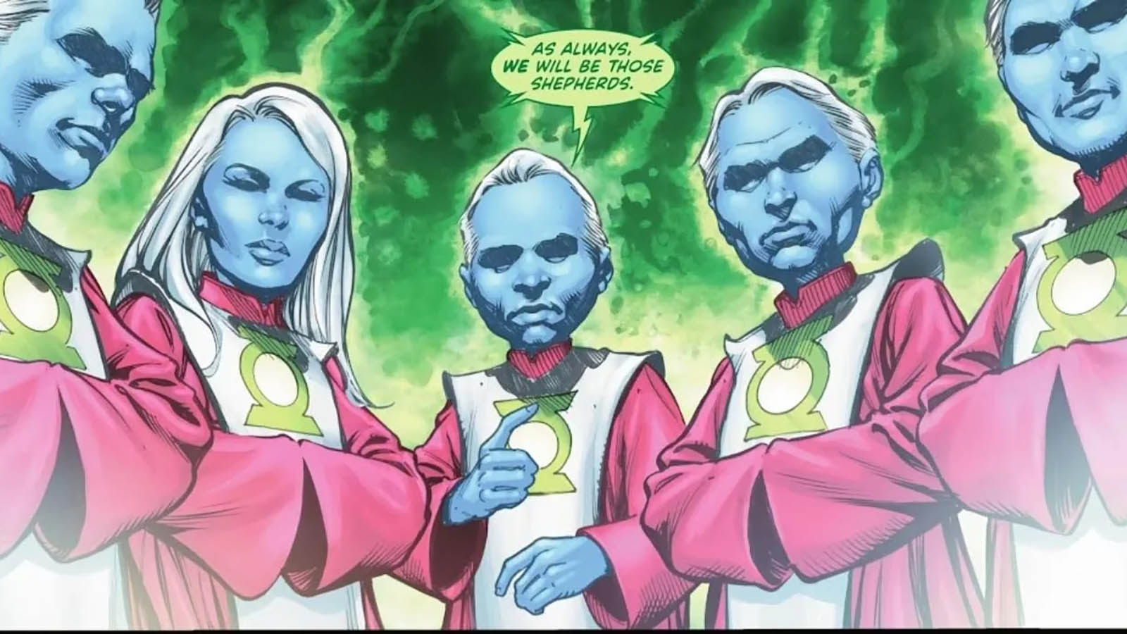 A screenshot of a DC comic book showing five Guardians of the Universe