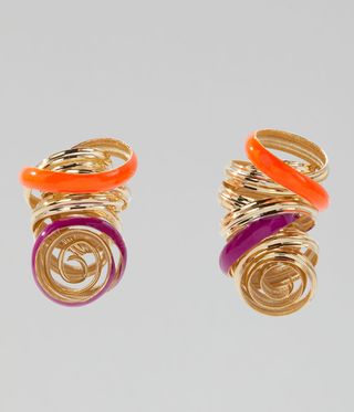 Gold-coated brass curly earrings with orange and pink on