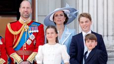 Prince William, Catherine, Princess of Wales, Princess Charlotte, Prince George and Prince Louis watch an RAF flypast from the balcony of Buckingham Palace on June 13, 2026 