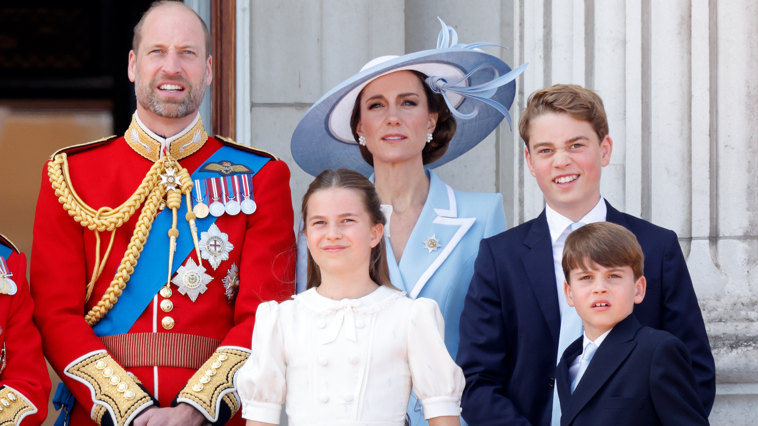 Prince William, Catherine, Princess of Wales, Princess Charlotte, Prince George and Prince Louis watch an RAF flypast from the balcony of Buckingham Palace on June 13, 2026 