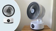 The Meaco Sefte 6 Inch Portable Fan on a table next to a bed with a blue semicircle with a cutout of the Meaco Sefte 6 Inch Portable Fan in