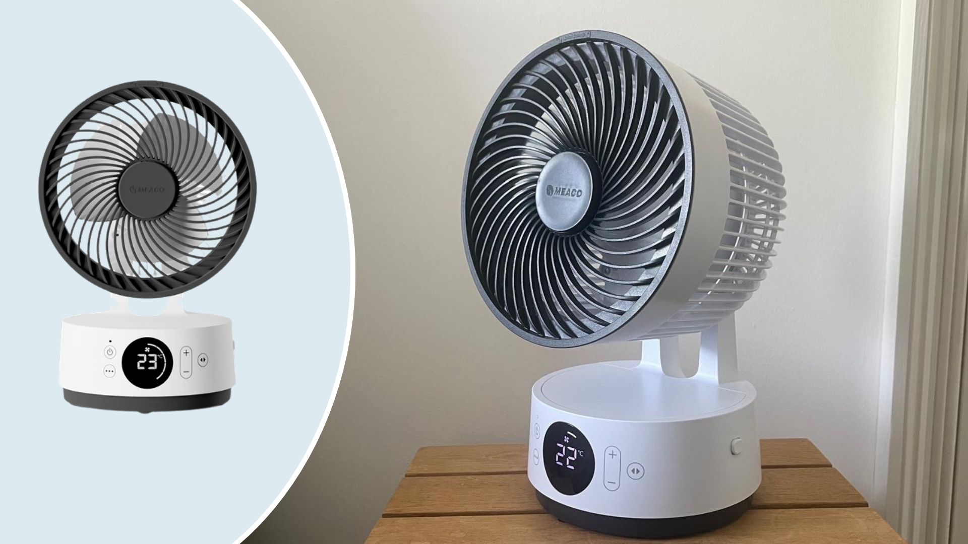 The Meaco Sefte 6 Inch Portable Fan on a table next to a bed with a blue semicircle with a cutout of the Meaco Sefte 6 Inch Portable Fan in