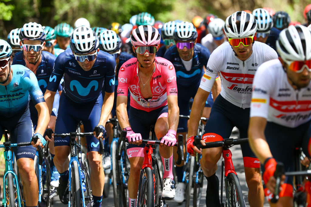 POTENZA ITALY MAY 13 LR William Barta of United States and Movistar Team and Juan Pedro Lpez of Spain and Team Trek Segafredo pink leader jersey competes during the 105th Giro dItalia 2022 Stage 7 a 196km stage from Diamante to Potenza 717m Giro WorldTour on May 13 2022 in Potenza Italy Photo by Michael SteeleGetty Images