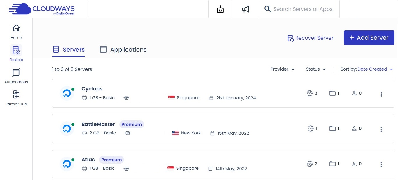 screenshot of the server management interface at Cloudways