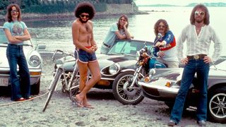 Boston in August 1977 (L-R): Barry Goudreau, Sib Hashian, Tom Scholz, Brad Delp and Fran Sheehan pose for a Creem Magazine Stars Cars shoot in Swampscott, Massachusetts