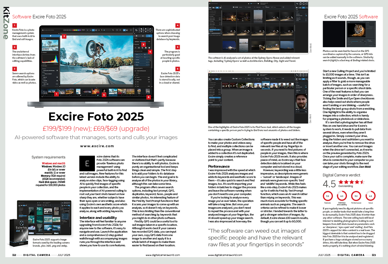 Image showing the Excire Foto 2025 review, in issue 296 (July 2025) of Digital Camera magazine