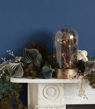 pine cones in glass dome with lights
