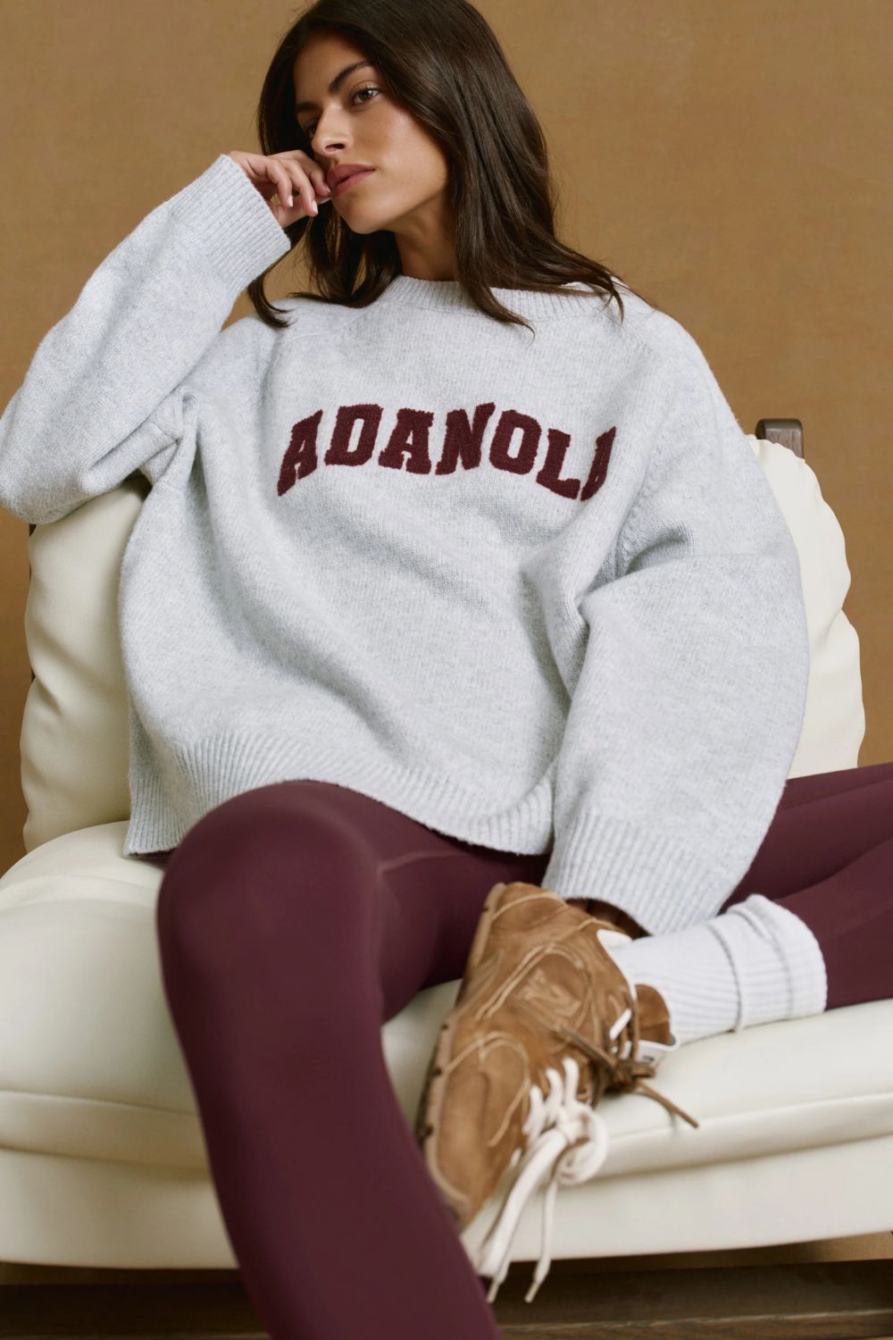 Varsity Boucle Oversized Knit Sweatshirt - Light Grey Melange/burgundy