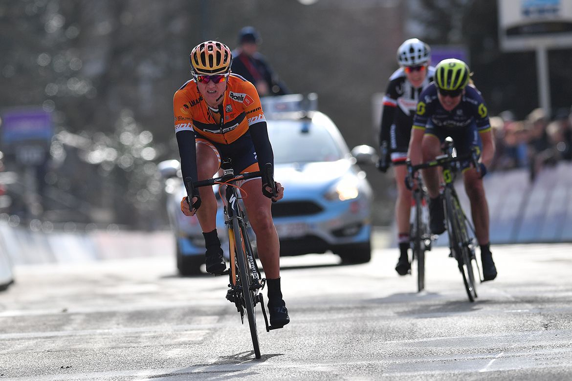 Chantal Blaak won the sprint for second at the Omloop Het Nieuwsblad finish line in Ghent.