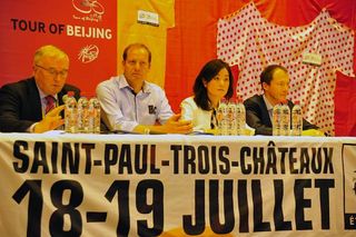Pat McQuad, Christian Prudhomme, Yan Shi and Alain Rumpf at the Tour of Beijing press conference.